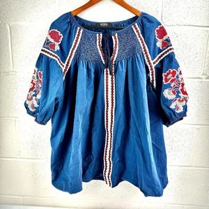 Koko By LovedRobe Navy Embroidered Tie Front Tassel Blouse Floral Plus Sz 24